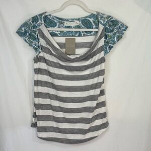 Anthropologie Gray & White Stripe Cowl Neck Top, Teal Paisley Cap Sleeves Sz Med